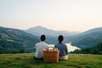 Naklejka premium Romantic picnic at riverside nature outdoor scene serene viewpoint
