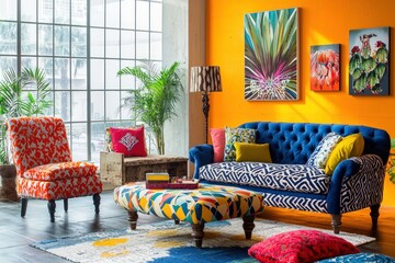 Eclectic living room with mismatched furniture, bold patterns, and vibrant colors