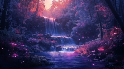 A magical scene of a waterfall surrounded by vibrant flowers and lush greenery in a serene forest setting.