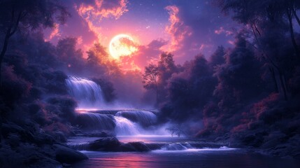 Fototapeta premium A magical scene of a waterfall surrounded by vibrant flowers and lush greenery in a serene forest setting.