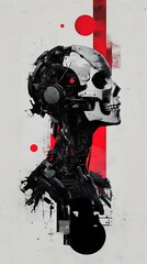 Fractured Robot Skull Contemplates Existential Questions in Bold Red and Grey Landscape