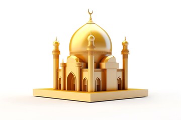 A beautifully crafted golden mosque with intricate details, featuring a large dome and minarets. Ramadan Mubarak, Eid Mubarak. Islamic post
