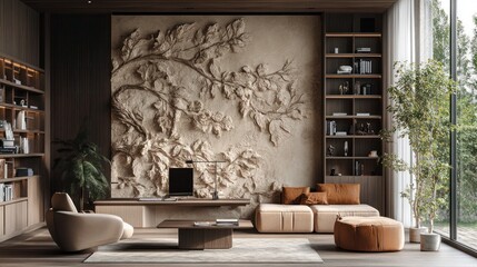 Stylish workspace featuring delicate branch and vine relief walls