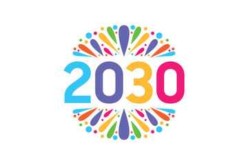 Happy New Year 2030 Logo Design And Fireworks With Text Space On A White Background
