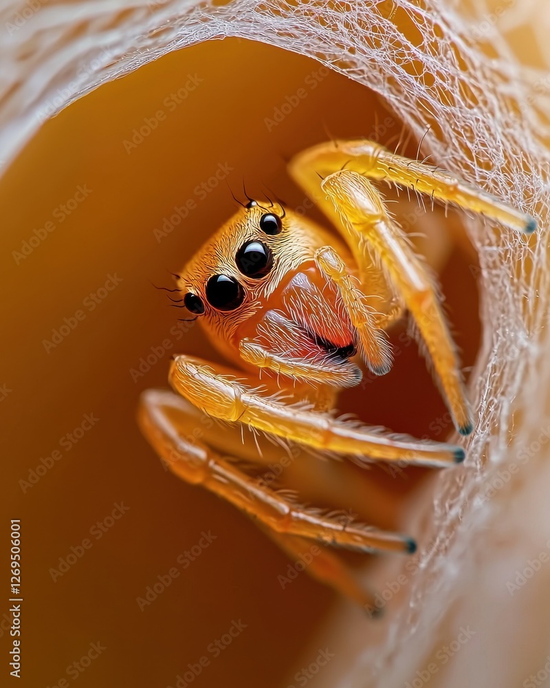Poster close-up action of a golden spider in its web nature macro indoor environment