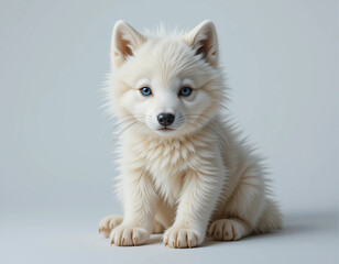 Baby Arctic Wolf Sitting with Fluffy White Fur and Piercing Eyes
