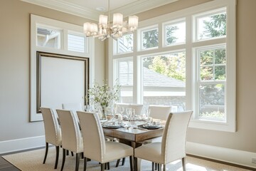 Elegant dining room setup with an empty frame and large windows isolated