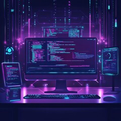 Futuristic coding setup with purple tones.
