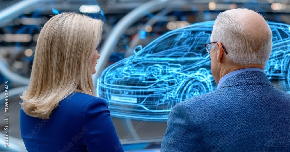 Wall mural Two business professionals, a woman with blonde hair and a man with gray hair, discuss a translucent blue digital car model projected in front of