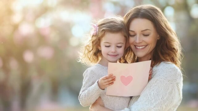 A woman embraces her young daughter in a park, both smiling happily. The girl holds a handmade card featuring a pink heart, capturing a moment of love and joy in the warm sunlight