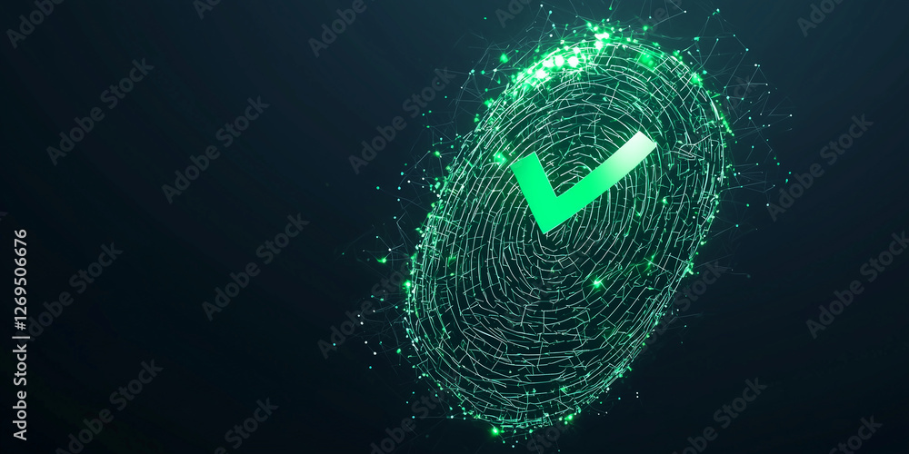 Poster green digital fingerprint with check mark symbolizing security, verification, and authentication in 