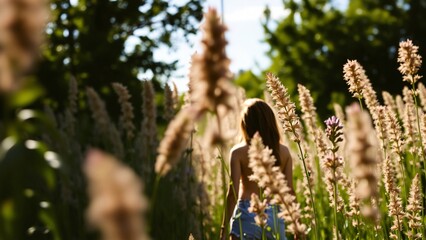 Woman Walking Through Tall Grass and Wildflowers at Sunset