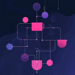 Geometric Network Connects Graphic Shapes in Digital Design on a Dark Background
