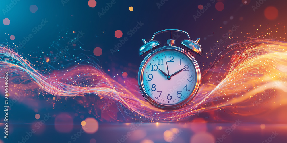 Poster vintage alarm clock with soft bokeh lights and colorful wave on dark background, conveying time conc