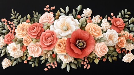 A collection of delicate watercolor red flowers on a black background for artistic and decorative use