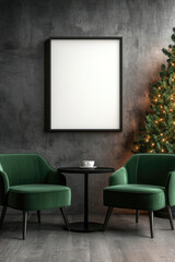 Cozy coffee shop scene with white mockup painting in black frame surrounded by green chairs and christmas tree