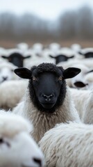 Naklejka premium A striking black sheep standing out in a flock of white sheep, symbolizing uniqueness, individuality, and bold confidence.