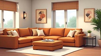Fototapeta premium Modern cozy living room with burnt orange sectional sofa, warm lighting, and elegant decor.