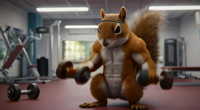 Determined squirrel gym workout lifting dumbbells. 4K Video