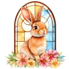 Watercolor Bunny Sitting in Stained Glass Window Surrounded by Colorful Flowers