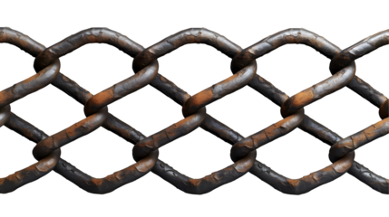 Rustic Chain Link Fence Brown Metal Texture, Iron Grid Background for Grunge Design, isolated on transparent background.
