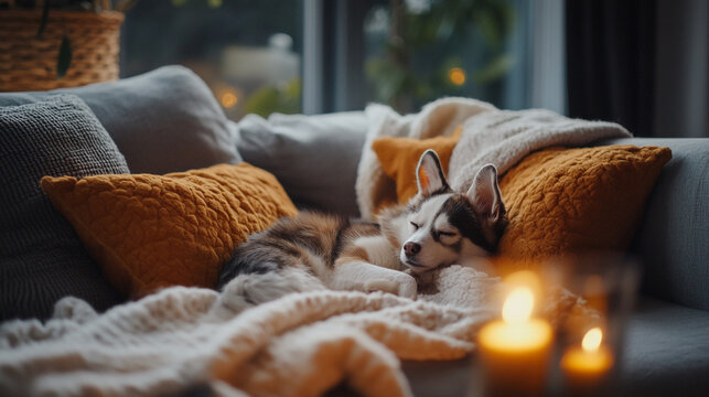 Cozy moments of tranquility celebrating national napping day with a sleepy husky on a serene afternoon