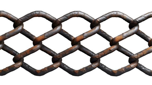 Rustic Chain Link Fence Brown Metal Texture, Iron Grid Background for Grunge Design, isolated on transparent background.