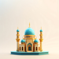 A stunning 3D-rendered mosque with golden details and blue domes, featuring intricate architecture set against a soft beige background. Ramadan, Eid. Islamic concept.