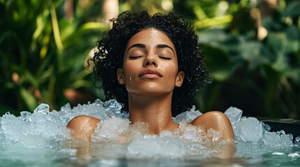 Obraz premium Serene Woman Relaxing in Natural Spa with Ice and Greenery Surroundings