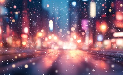 Obraz premium Snowy city street at night, illuminated by colorful lights