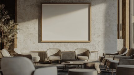 Elegant lounge area with modern art, clean decor, and an empty frame isolated