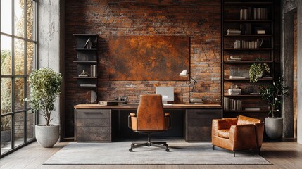 Vintage study room with an artistic textured brick wall with classic motifs