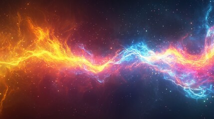 A stunning abstract energy background with electric blue and fiery orange lightning streaks colliding in a cosmic display.