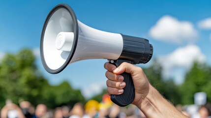 Close up view of a hand holding a loudspeaker outdoors against a blurred background of a crowd of people and a bright blue sky with clouds. The