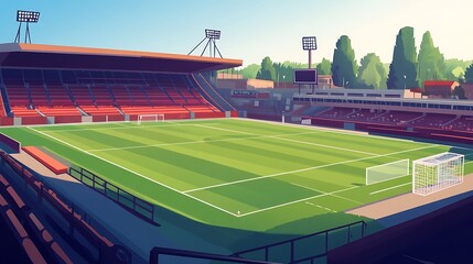 Obraz premium Grand Stadium Gleaming Sunlit Field Awaiting A Match In The Arena Under Clear Skies Above