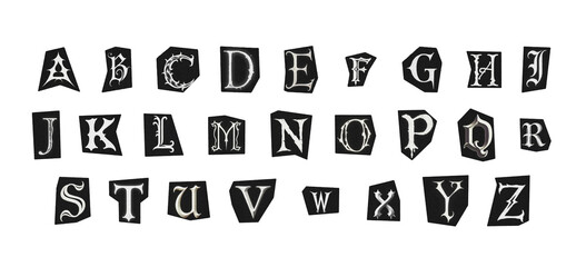 set of cut-out english png alphabet from magazines on a transparent background, black and white gothic ransom style