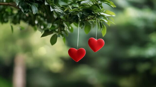 Two vibrant red hearts dangle from a tree branch, surrounded by lush green leaves in a peaceful garden. The soft focus of the background adds a calming atmosphere