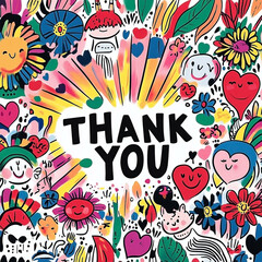 Vibrant and Colorful Thank You Illustration with Whimsical Drawings and Hearts