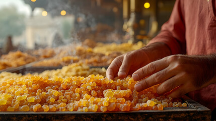 Man sorting frankincense resin in a market, smoky background, for spice trade websites