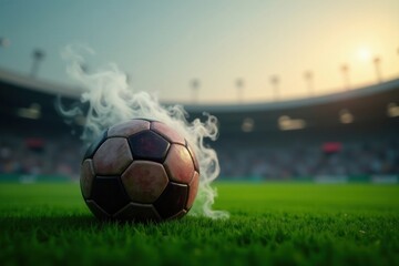 Obraz premium A weathered soccer ball rests on a verdant field, enveloped by ethereal smoke, set against the backdrop of a majestic stadium at sunset.