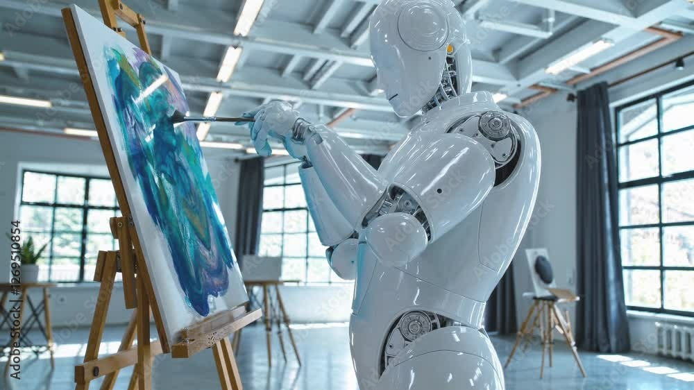 Poster mechanical creativity transforms artistic landscape. humanoid generates abstract patterns through pr