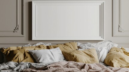 Elegant neutral bedroom with soft bedding and an empty white frame isolated