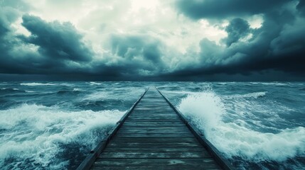 Fototapeta premium Wooden pier extending into stormy sea; dramatic clouds