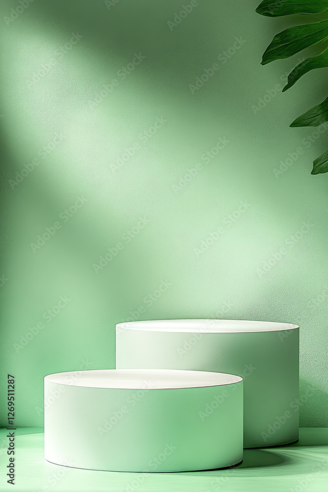 Poster minimalist mock up of geometric podium platforms in a soft green environment for design enthusiasts
