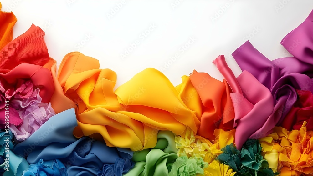 Poster a colorful array of draped fabrics in various shades, creating a vibrant, wavy pattern across the im