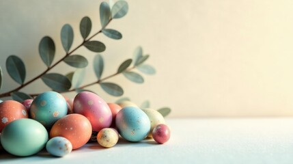 Pastel Easter Eggs Nestled Amongst Greenery on a Soft Background