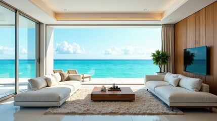 Naklejka premium Serene Coastal Living Room with Panoramic Ocean View and Modern Furnishings