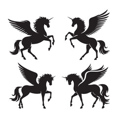 Naklejka premium Enchanted Pegasus silhouette in flight - Pegasus illustration - Minimalist Pegasus vector - Mythical creature silhouette 