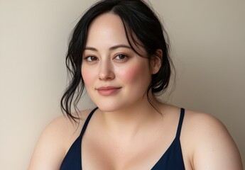 Portrait of a young woman with dark hair and light skin, wearing a navy blue tank top against a beige background. Soft lighting enhances her