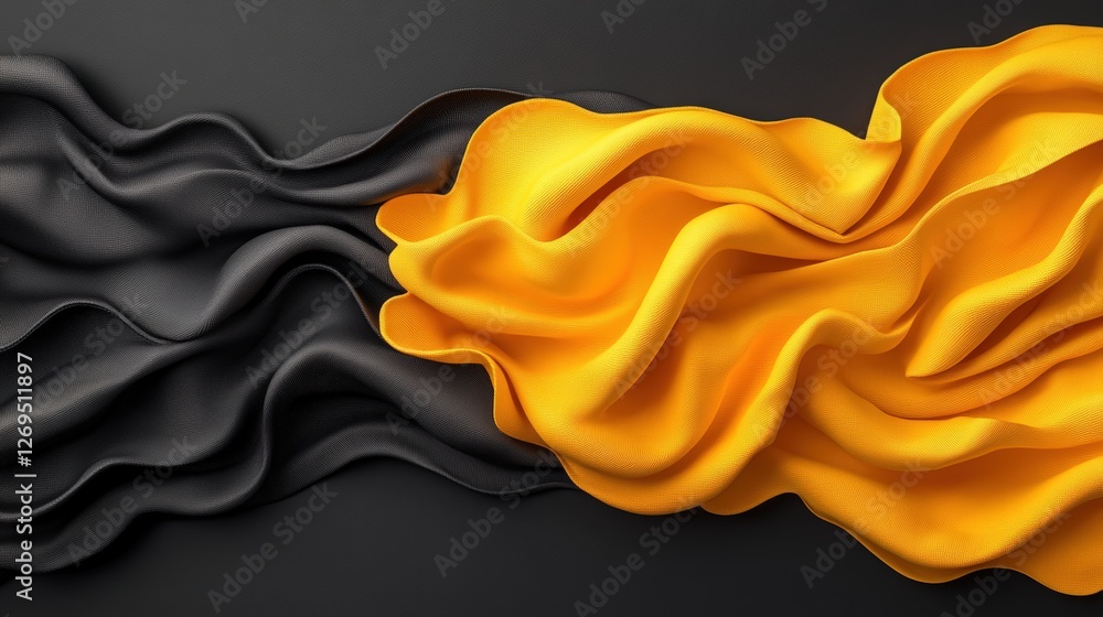 Poster black and yellow flag with dynamic abstract waves on dark background for graphic design projects